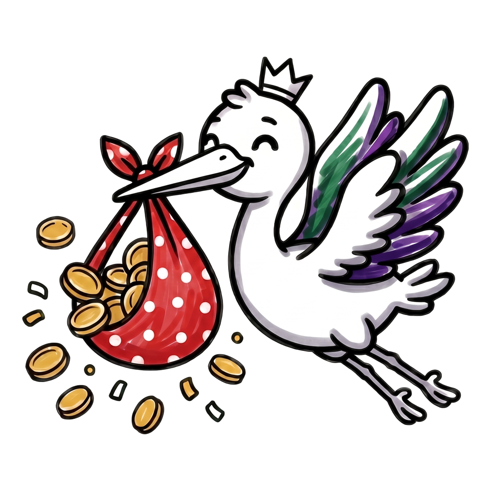 The Stork Money mascot — a friendly painted stork in a crown, carrying a polka-dot bindle bag full of gold coins.